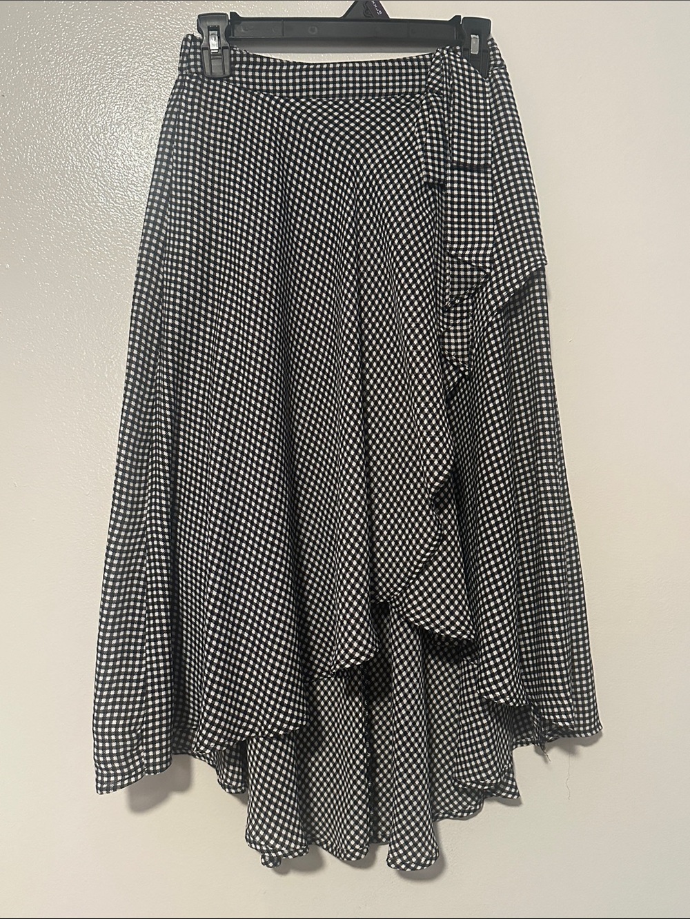 Elle Black and White Gingham Asymmetrical Ruffle Wrap Skirt